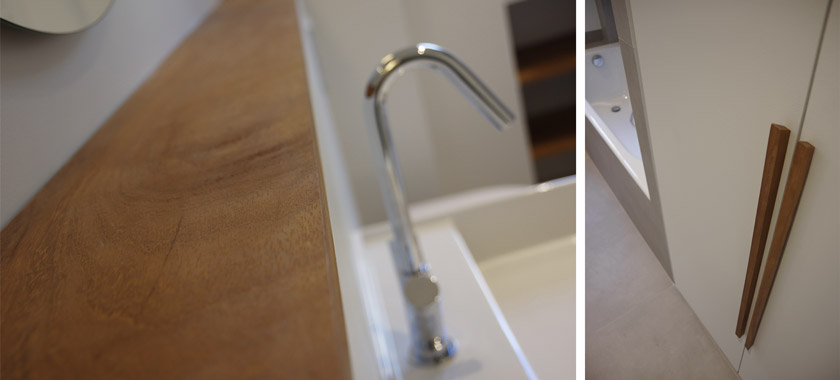 salle de bain détail tablette et poignées placard iroko 