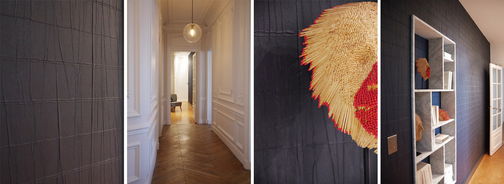 étagère marbre carrare papier peint washi Elitis têtes allumettes Paul Vaussane