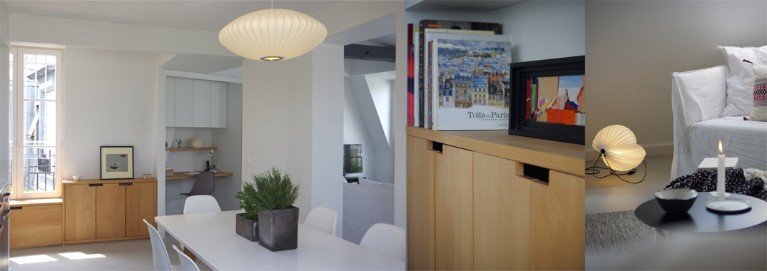 agencements hêtre luminaires papier japonais sol béton ciré gris clair