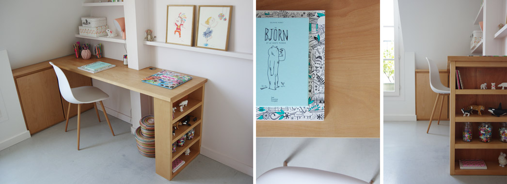 bureau rangement bibliothèque hêtre mur rose poudré sol béton ciré gris clair