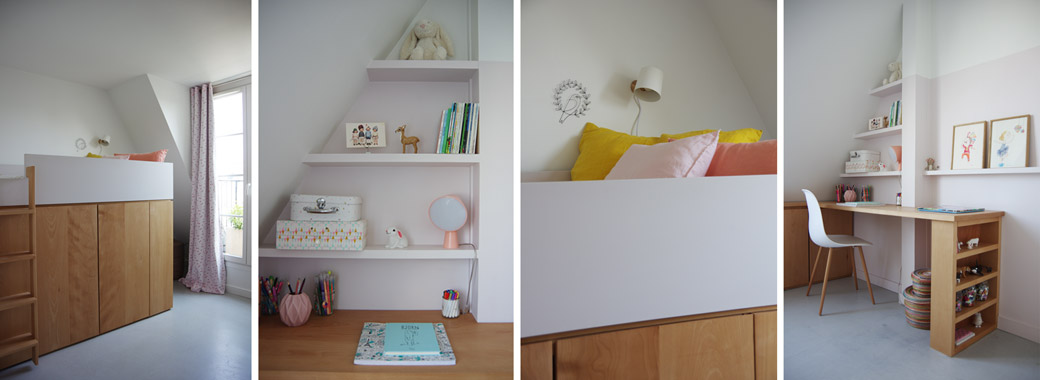 chambre rose poudré agencement hêtre massif sol béton ciré