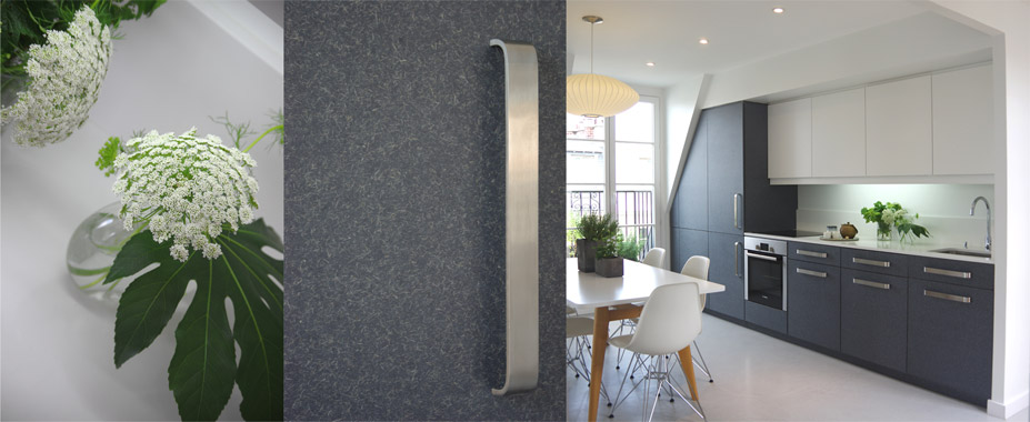 cuisine fibres lin anthracite plan travail blanc silestone beton gris toit de Paris
