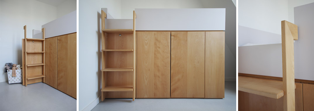 lit armoire bibliothèque rangement hêtre et laque rose poudrée