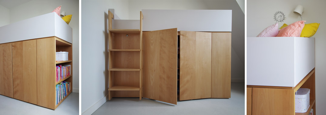 lit armoire penderie bibliothèque hêtre massif laque rose poudre