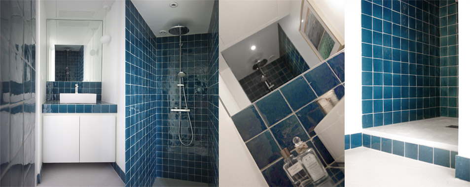 salle de douche céramique azul sol béton ciré gris clair