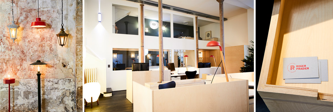 bureau bois boulot mur patiné luminaires extérieur Roger Pradier