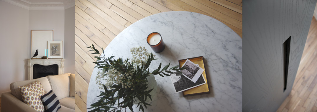 agencement frêne anthracite parquet brut huilé mur gris clair argile