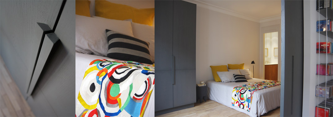 agencement frêne anthracite parquet brut jeté de lit Mondrian Red Larsen