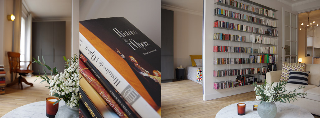 agencement frêne anthracite parquet brut mur gris clair argile
