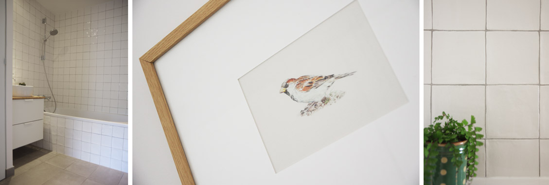 salle de bain faïence blanche irrégulier dessin oiseau 