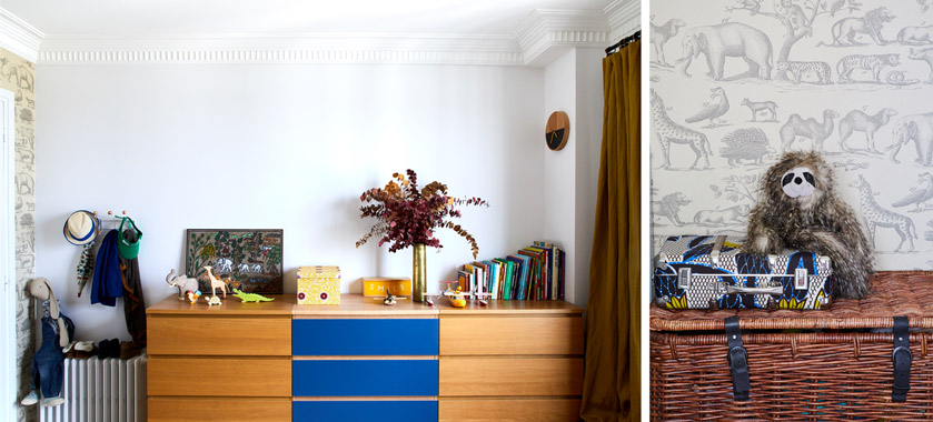 chambre commode jumelles ligne bleue-rideaux jaune moutarde