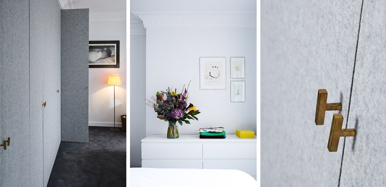 dressing chambre feutrine gris chiné-poignées laiton-fleurs Debeaulieu